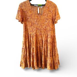Patrons of Peace Women's Orange Paisley Tiered Midi Dress Size S